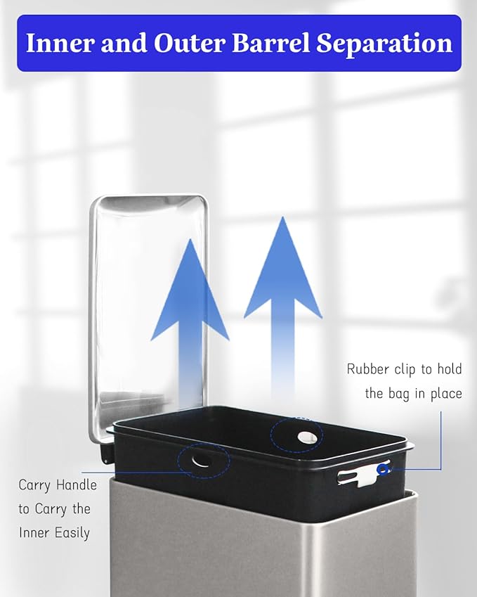Trash Can, 2.6 Gallon Bathroom Trash Can with Lid, Stainless Steel Garbage Can with Removable Liner, 10 Liter Rectangle Step Trash Bin for Office, Bedroom, Living Room, Dorm, Kohler Grey