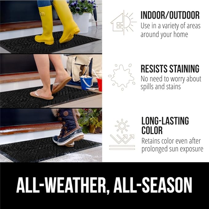 GORILLA GRIP 100% Waterproof All-Season WeatherMax Doormat US Designed Natural Rubber, Stain and Fade Resistant, Low Profile Indoor Outdoor Door Mats, Easy Clean Patio Mat, 23x35, Black Diamond