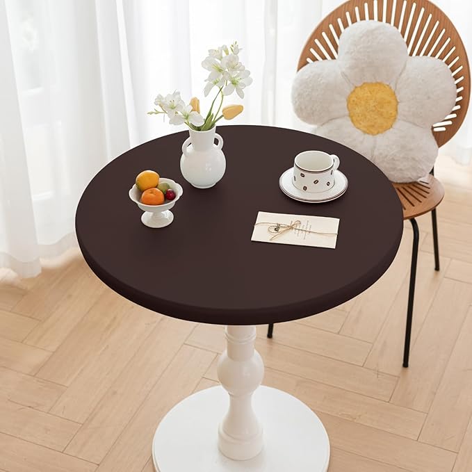 Round Fitted PU Tablecloth with High Elastic Edge 51 Inch Dia Waterproof Oil Proof Table Cloth Anti-Scald Stain-Resistant Wipeable Table Cover for Indoor Outdoor Picnic (Coffee,51" Dia)