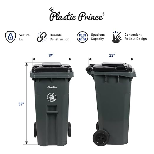 32 Gallon Trash Can Lid Outdoor Trash Can with Lid and Wheels Heavy-Duty Trash Bin for Outside Plastic 32 Gallon Garbage Can Wheeled Gray for Hospitals Restaurants Offices, Pack of 2
