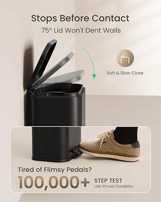 Cesun Small Bathroom Trash Can with Lid-1.3 Gal, Outdoor Stainless Steel Garbage Can for Dog Poop with Anti-Slip Base, for Bathroom, Bedroom, Office, RV, Living Room, Black