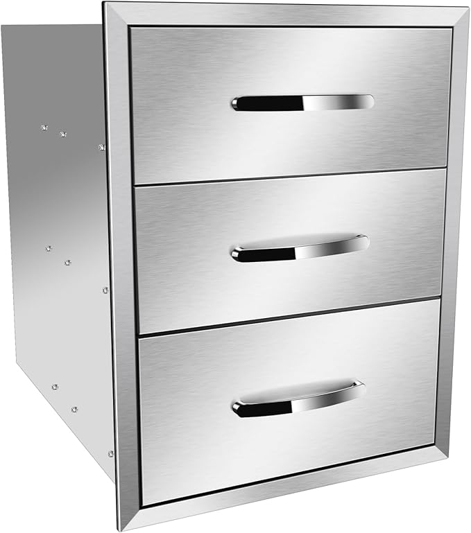 Outdoor Kitchen Drawers, Box Frame Style Flush Mount BBQ Drawer w/Stainless Steel Handle, BBQ Island Drawers For Patio Grill Station,Three Drawers