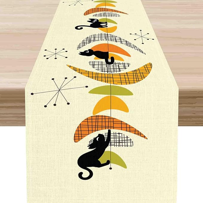 Mid Century Table Runner, Retro 1950s Black Cat Atomic Modern Abstract Coffee Table Center Decor for Home Kitchen Dining Patio Holiday Party Indoor Outdoor Table Decorations, 13"x72" Inch