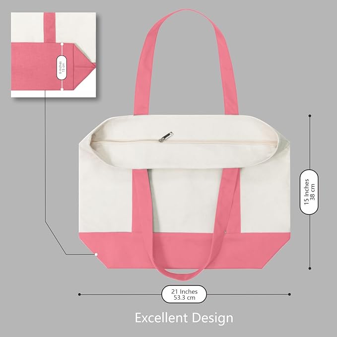 TOPDesign 6-Pack Canvas Tote Bags with an External Pocket, Reusable Grocery Shopping Bags, Top Zipper Closure, Daily Essentials (Rose Pink/Natural)