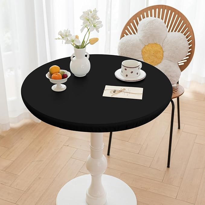 Round Fitted PU Tablecloth with High Elastic Edge 35 Inch Dia Waterproof Oil Proof Table Cloth Anti-Scald Stain-Resistant Wipeable Table Cover for Indoor Outdoor Picnic (Black,35" Dia)