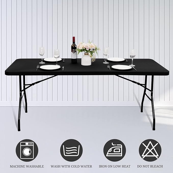 10 Pack Stretch Fabric Table Top Cap Cover, fits 8' Tables, Spandex Table Covers Washable Elastic Universal Rectangle Tablecloth Protector for Indoor Outdoor Party Picnic Wedding, Black, 30" W x 96" L