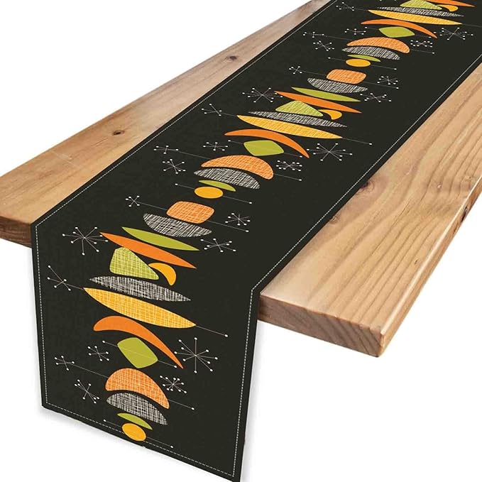 Mid Century Modern Table Runner, Retro 1950s Atomic Modern Abstract Black Orange Coffee Table Center Decor for Home Kitchen Dining Patio Holiday Party Table Decorations, 13"x36" Inch
