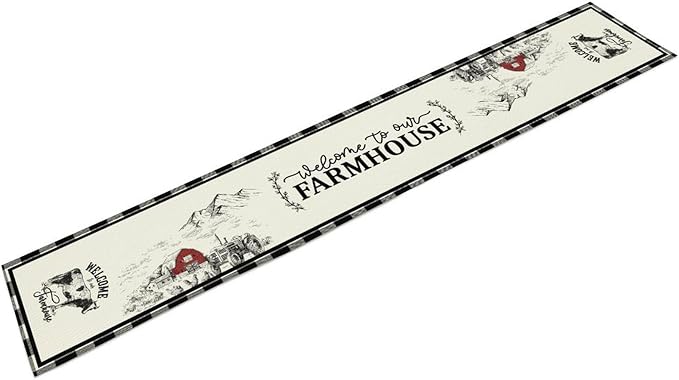 Farmhouse Table Runner, Rustic Country Barn Cottage Rooster Cow Check Animal Plank Coffee Table Center Decor for Home Kitchen Dining Patio Holiday Party Indoor Outdoor Table Decorations 13"x108"