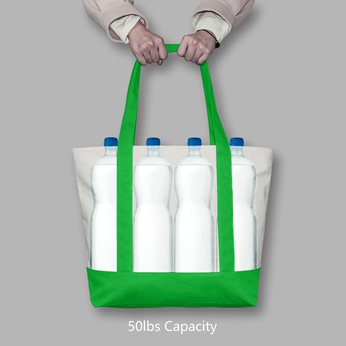 TOPDesign 1-Pack Canvas Tote Bag with an External Pocket, Reusable Grocery Shopping Bag, Top Zipper Closure, Daily Essentials (Lime Green/Natural)
