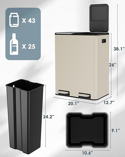 Arlopu 16Gal Dual Trash Can w/2 Built-in Box for Odor Control, Hands-Free Kitchen Garbage Bin, Recycle Waste Dustbin, Soft-Close Lid, 2 Buckets,Foot Pedal, Side Handle, Airtight,for Home (Brown)