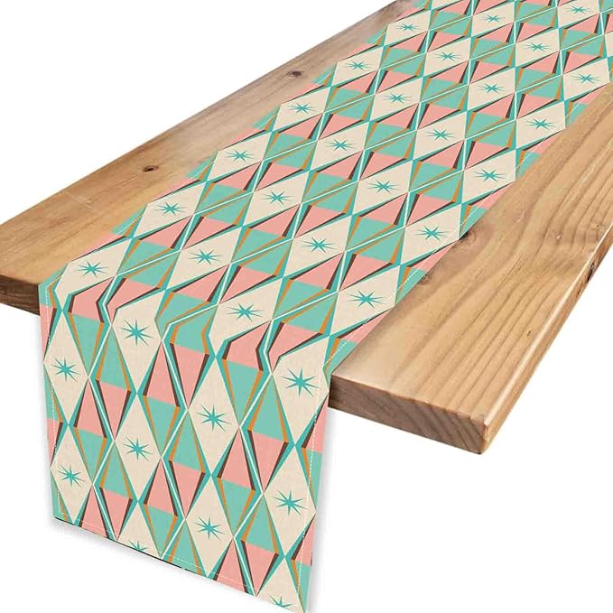 Geometric Table Runner, Retro Mid Century 1950s Modern Abstract Teal Pink Checkboard Coffee Table Center Decor for Home Kitchen Dining Patio Holiday Party Table Decorations, 13"x72" Inch