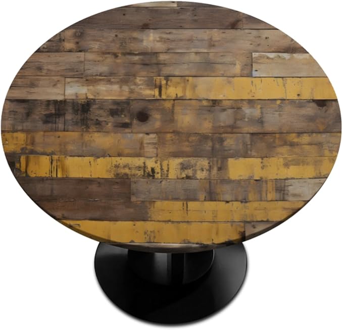 Brown Wooden Planks Retro Round Table Cloth Cover, Elastic Edge Waterproof Wipeable Tablecloths 36"-42" Polyester Tablecloth for Party Restaurant Banquet Holiday Camping Outdoor Picnic