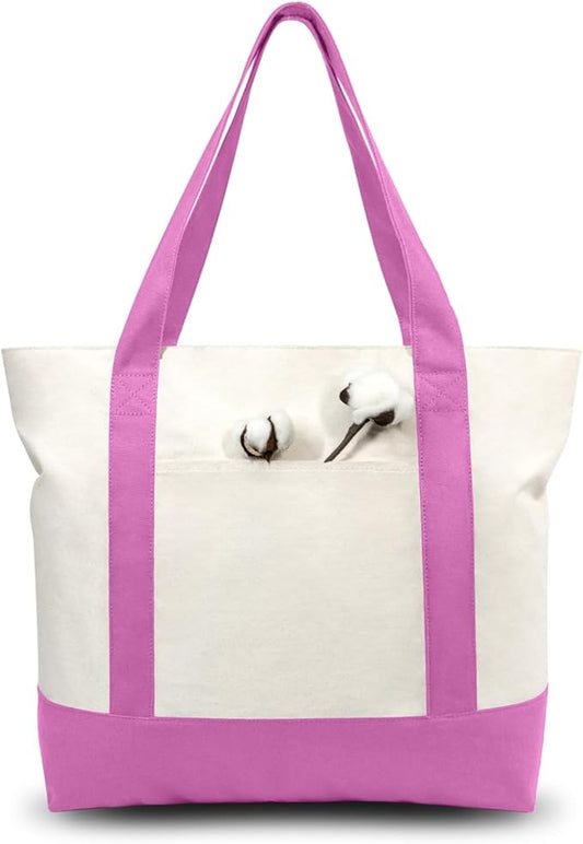 TOPDesign 1-Pack Canvas Tote Bag with an External Pocket, Reusable Grocery Shopping Bag, Top Zipper Closure, Daily Essentials (Light Purple/Natural)