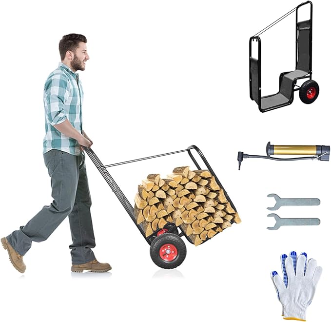 Firewood Cart with Pneumatic Wheel: 44 X 27 X 20 in Heavy Duty 220 lbs Load for Garden Backyard Fireplace Men Women Use