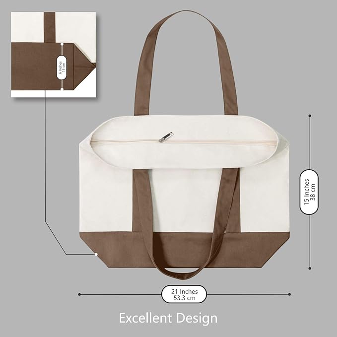 TOPDesign 3-Pack Canvas Tote Bags with an External Pocket, Reusable Grocery Shopping Bags, Top Zipper Closure, Daily Essentials (Brown/Natural)