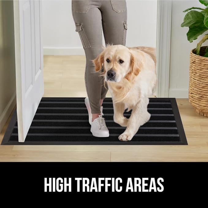 GORILLA GRIP 100% Waterproof All-Season WeatherMax Doormat US Designed Natural Rubber, Stain and Fade Resistant, Low Profile Indoor Outdoor Door Mats, Easy Clean Patio Mat, 17x29, Black Stripe