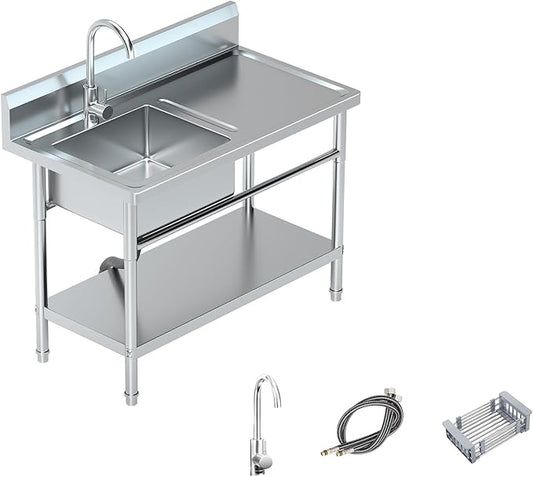 Utility Sink Freestanding Single Bowl Laundry Sink with Hot and Cold Water Plumbing Workbench & Storage Stainless Steel Sink for Kitchen and Bathroom Farmhouse Style, Metallic Gray