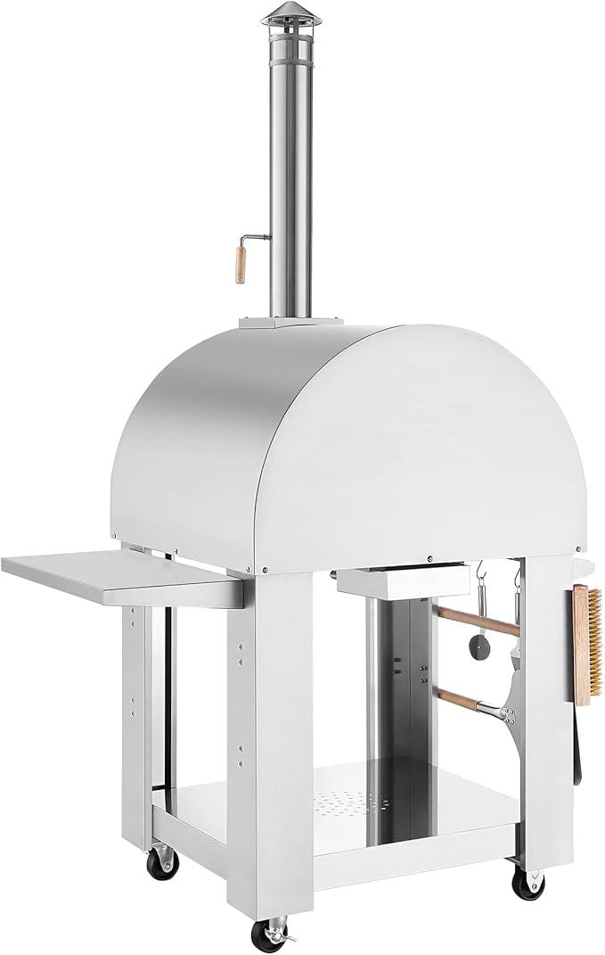 Empava Commercial-Style Pizza Oven Outdoor with Side Panel and Wheels, Wood Fired for Grill & Outside Camping Backyard Party in Stainless Steel,33 Inch, Silver