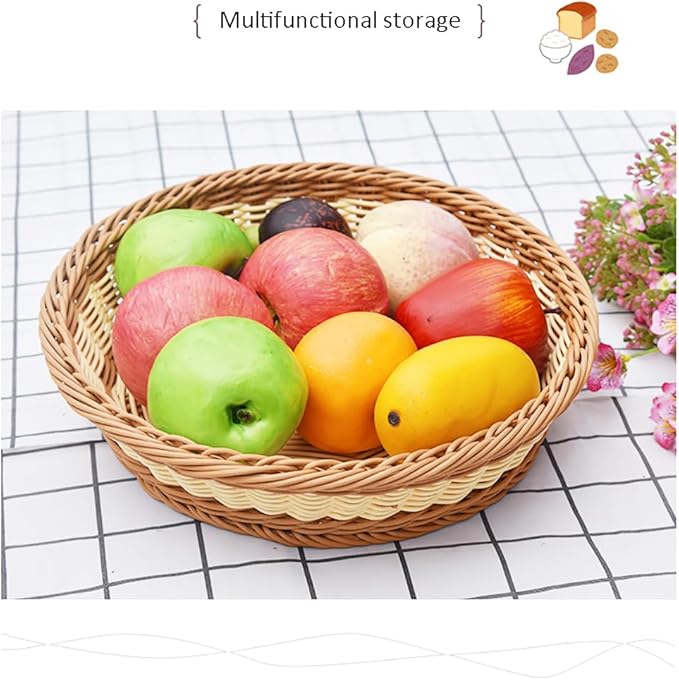 RT&BS 2pcs Round Wicker Bread Basket, Christmas Food Baskets, Eco-Friendly Sturdy Stackable Fruit Basket for Kitchen, Store, Restaurant, Party (Bicolor, S)