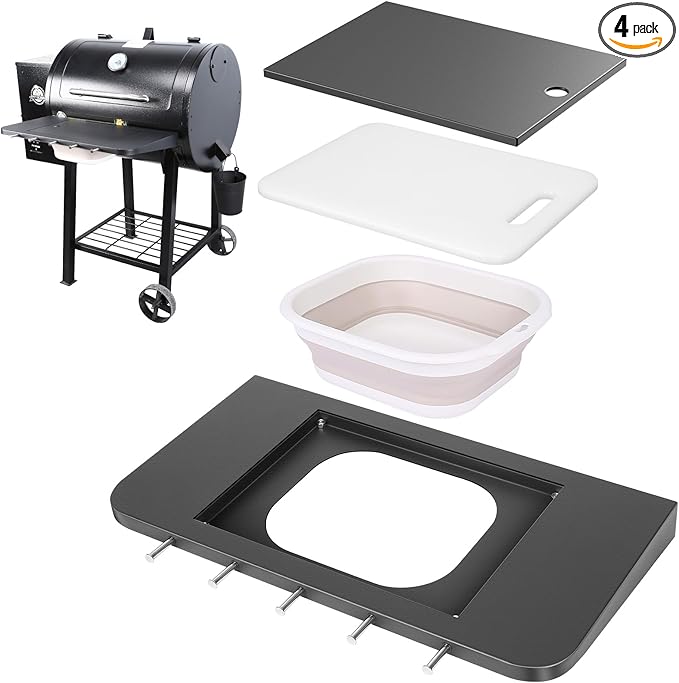 Front Folding Grill Shelf for Pit Boss 700DX, 700FB, 700FB2 & 800FB2, 23.6" × 12.2" Prep Station with Foldable Basin 4-Layer Steel Build, Cutting Board & 5 Hooks,Cover-Friendly Design (Not for 700FB1)