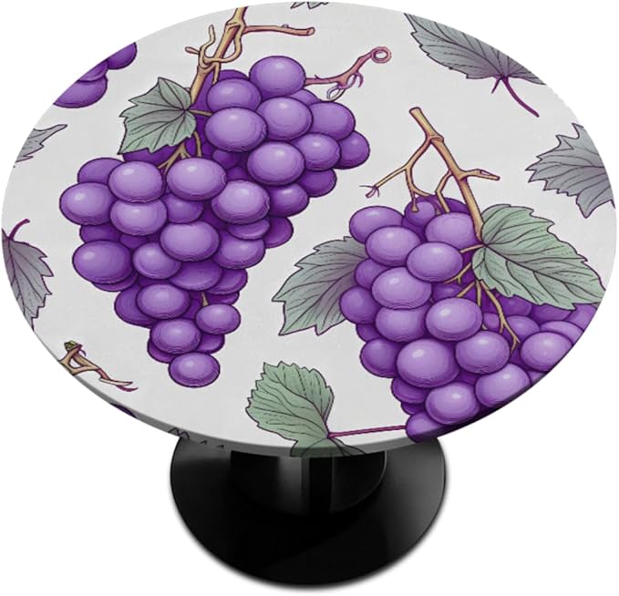 Grape Fruit Purple Leaves Round Table Cloth Cover, Elastic Edge Waterproof Wipeable Tablecloths 36"-42" Polyester Tablecloth for Party Restaurant Banquet Holiday Camping Outdoor Picnic