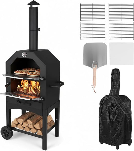 Outdoor Wood Fired Pizza Oven with Firewood Storage, Side Shelves, Cordierite Pizza Stone & Peel, 2 Cooking Grills, Thermometer, Portable Patio Pizza Maker for Backyard Parties and Camping