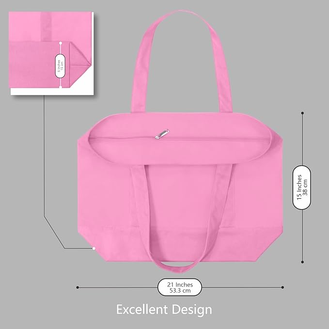 TOPDesign 1-Pack Canvas Tote Bag with an External Pocket, Reusable Grocery Shopping Bag, Top Zipper Closure, Daily Essentials (Pink)