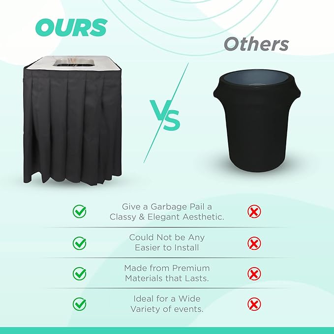 Square Black Trash Can Topper Cover With Solid Pleated Skirt | Designed to Fit 32-35 Gallon Trash Cans | Elegant Party Supplies for Weddings, Banquets, Birthday Parties & More (Black Top Blue Skirt)