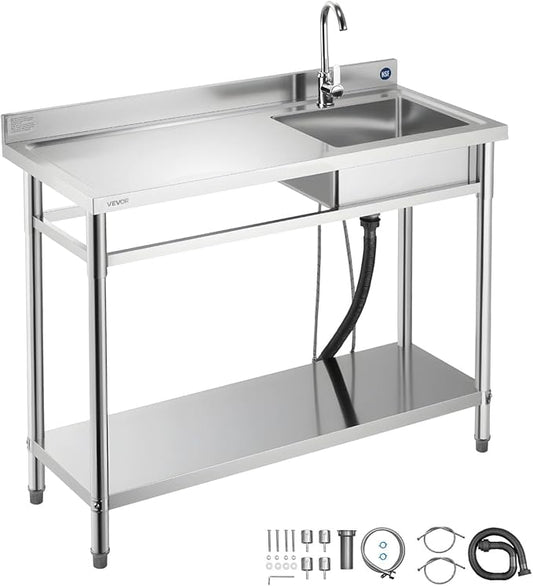 VEVOR Stainless Steel Utility Sink, Free Standing Single Bowl Commercial Kitchen Sink with Faucet, Utility Left Basin Workbench with Hot & Cold Water Pipe for Garage Restaurant Laundry, 47x19.7x37 in