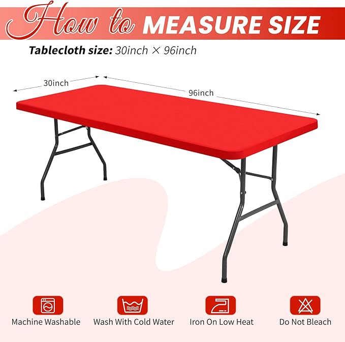 10 Pack Stretch Fabric Table Top Cap Cover, Red Table Covers fits 8Ft Tables, Washable Elastic Universal Rectangle Tablecloth Protector for Indoor Outdoor Party Picnic Wedding (30" W x 96" L)
