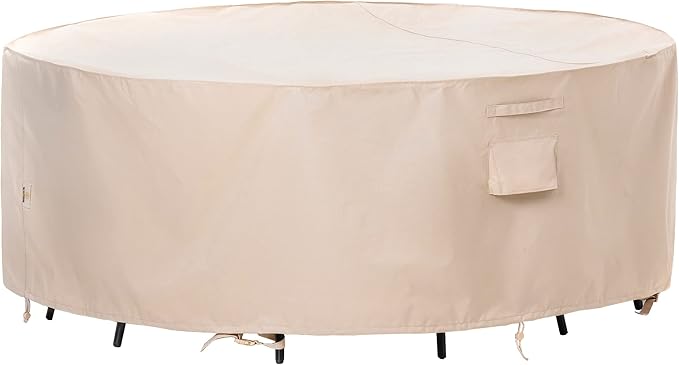 F&J Outdoors Patio Furniture Covers Waterproof UV Resistant Rip-stop Fabric Outdoor Table Cover Round Furniture Cover, Beige, 62" Dia x 27.5" H