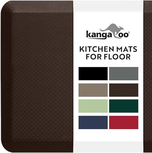 KANGAROO Thick Ergonomic Anti Fatigue Mats for Kitchen Floor, 70x24 Runner, Cushioned Standing Office Desk Mat, Waterproof Scratch Resistant Topside, Supportive All Day Comfort Padded Foam Rugs, Brown