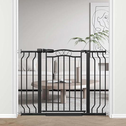Fairy Baby 29.5"-43.7" Extra Wide Baby Gate for Stairs, Pressure Mounted Dog Gate for Doorways, Auto Close Metal Pet Gate with Arch Design for Puppy, No Drill Child Gate with Walk Thru Door, Black