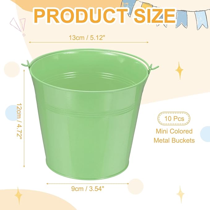 Small Metal Buckets, Mini Buckets with Handle Galvanized Colored Tin Pail Containers Basket Party Supplies - Fit for (Halloween - Classroom Crafts) 5" & 10Pcs & Light Green
