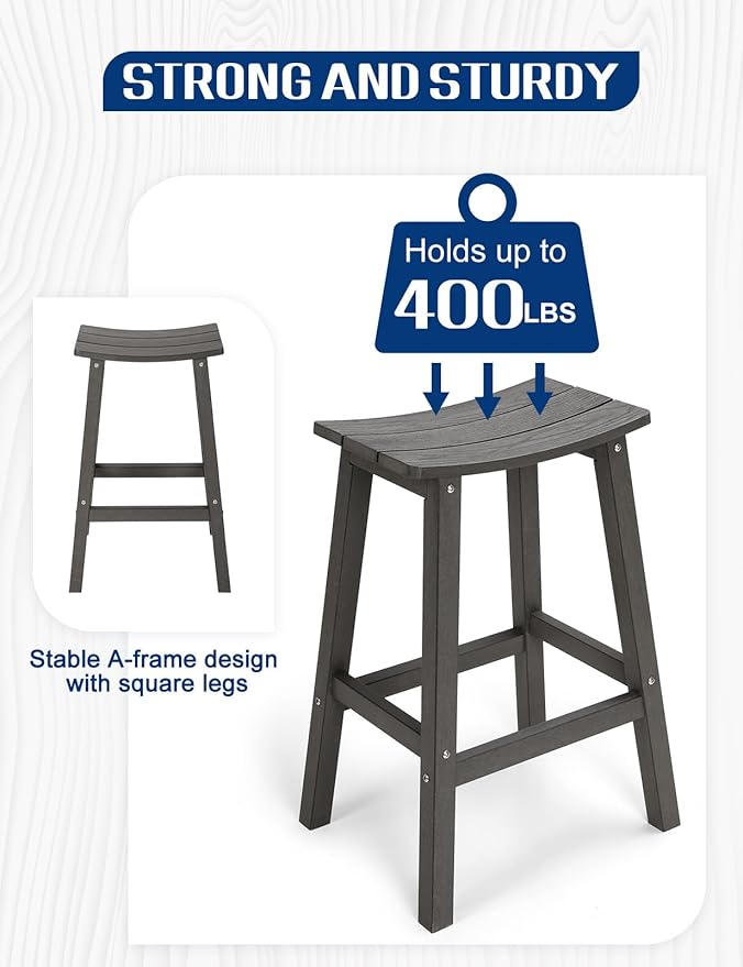 Weatherproof Bar Stools Set of 2, 28" Height Outdoor Bar Stools Holds up to 400 lbs, Saddle Seat, Bar Height Stools for Patio, Garden, and Kitchen Island, Gray
