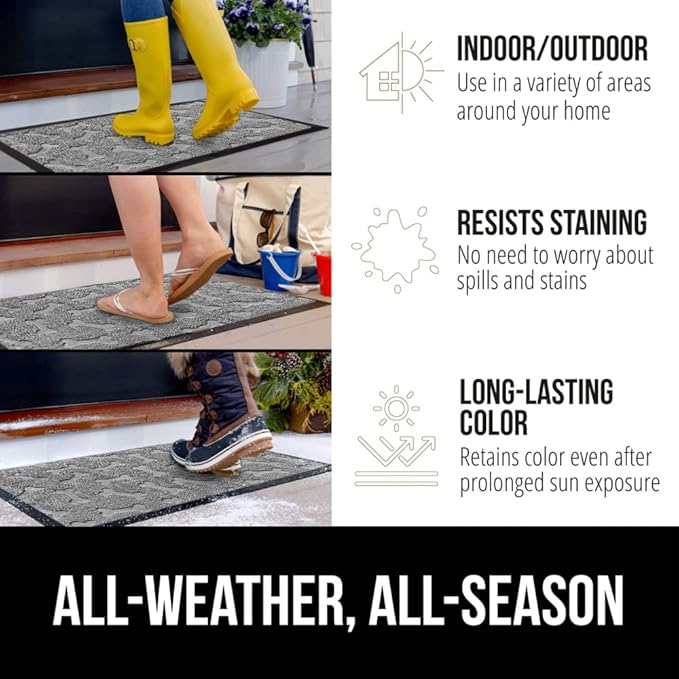 GORILLA GRIP 100% Waterproof All-Season WeatherMax Doormat, US Designed Natural Rubber, Stain and Fade Resistant, Low Profile Indoor Outdoor Door Mats, Easy Clean Patio Mat, 17x29, Light Gray Bones