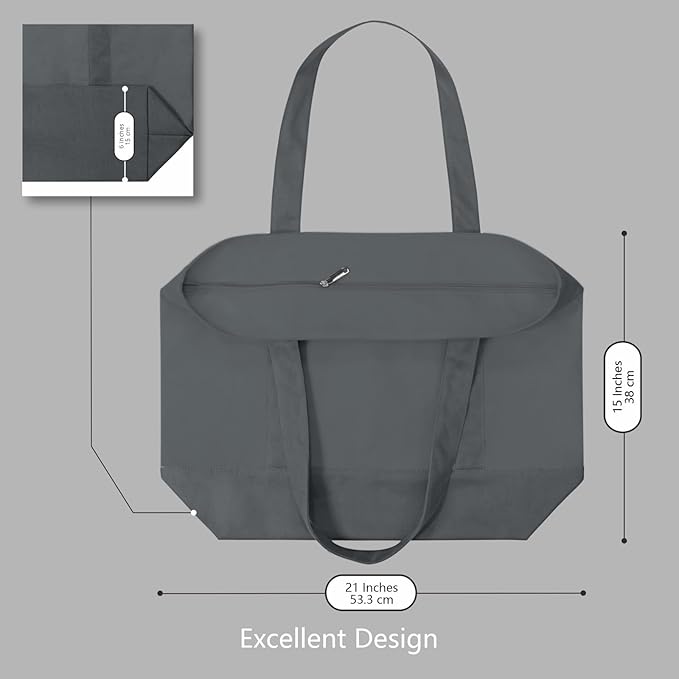 TOPDesign 6-Pack Canvas Tote Bags with an External Pocket, Reusable Grocery Shopping Bags, Top Zipper Closure, Daily Essentials (Grey)