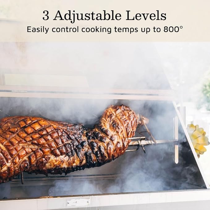 Ash & Ember 25 Watt Stainless Steel BBQ Rotisserie Grill, Rated 125 LB for Medium Game, Hood with Viewing Window, Portable Electric Outdoor Roaster with Dual Prongs, Single Leg Bracket, and Spine Fork