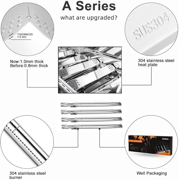 Hisencn Grill Parts for Home Depot Nexgrill 4 Burner 720-0830H, 720-0783E, 5 Burner 720-0888N, 720-0888 Gas Grill Models, 304 Stainless Steel Grill Burner, Heat Plate, Cast Iron Grill Grates
