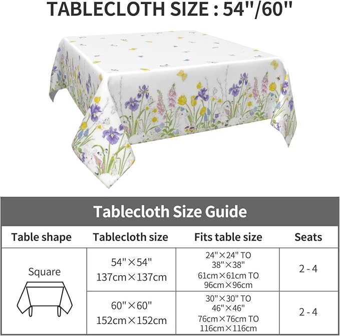 Spring Easter Tablecloth 54 x 54 Inch Square, Bunny Colorful Flower Butterfly Decorative Tablecloths Stain Resistance Polyester Rabbit Floral Table Cloth for Holiday Parties Kitchen Dining