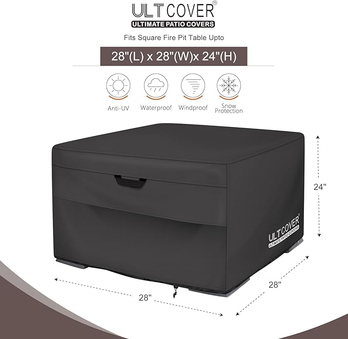 ULTCOVER Patio Fire Pit Table Cover Square 28 inch Outdoor Waterproof Fire Bowl Cover, Black