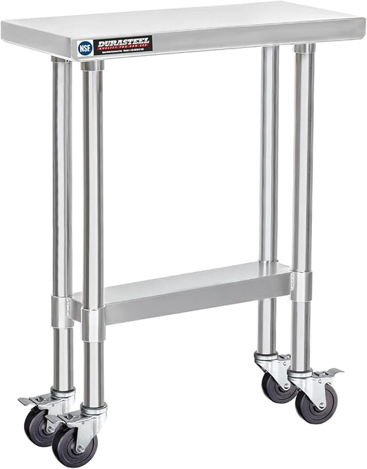 DuraSteel 30x12 NSF Stainless Steel Cart Work Table - Heavy Duty Rolling Food Prep Table - Metal Utility Cart on Wheels Caster, Grill Stand Microwave Outdoor Kitchen Tables Countertop Island Top Vevor