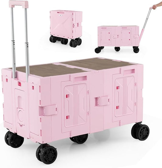 Goplus Large Foldable Utility Cart w/ 2-Tier Storage Crates, 5 Rotate Wheels, Metal Telescoping Handle, Portable Rolling Trolley Collapsible Cart for Grocery Shopping Camping & Travel