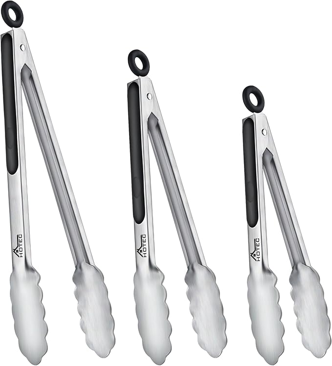 Hotec Stainless Steel Kitchen Tongs, Set of 3-7", 9" and 12", Locking Metal Food Tongs for Cooking, Serving, BBQ, Grill Non-Slip Grip