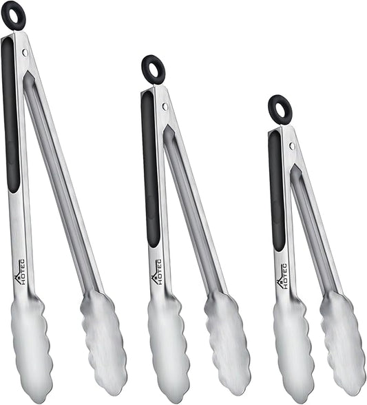 Hotec Stainless Steel Kitchen Tongs, Set of 3-7", 9" and 12", Locking Metal Food Tongs for Cooking, Serving, BBQ, Grill Non-Slip Grip
