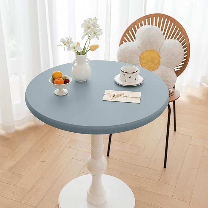 Round Fitted PU Tablecloth with High Elastic Edge 43 Inch Dia Waterproof Oil Proof Table Cloth Anti-Scald Stain-Resistant Wipeable Table Cover for Indoor Outdoor Picnic (Blue,43" Dia)