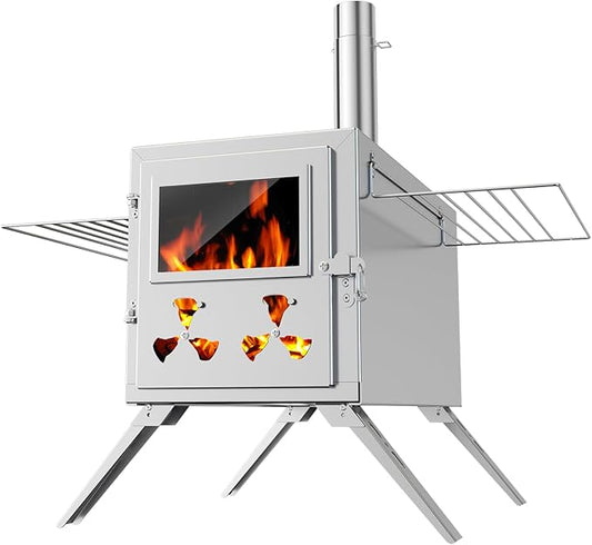 Hot Tent Stove, Camping Wood Burning Stove with 8 Stainless Chimney Pipes, Folding Portable Wood Stove for Tent, Outdoor Heating, Cooking, Ice Fishing, Hunting