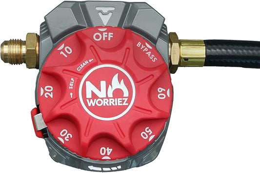 NO WORRIEZ Bypass Safety Auto Shut-Off Gas Timer for Propane & Natural Gas | Outdoor Grill, Fire Pit, Pizza Oven | – 100,000 BTU w/ 3/8" Flared Assembly Connector & Hose, Patent Pending