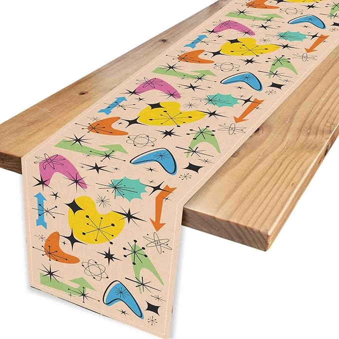 Mid Century Table Runner, Retro 1950s Atomic Minimalist Modern Abstract Geometric Colorful Coffee Table Center Decor for Home Kitchen Dining Patio Holiday Party Table Decorations, 13"x72" Inch