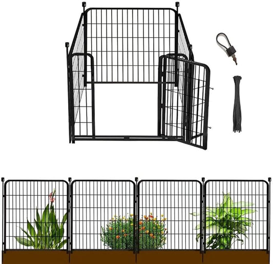 Garden Fence with Gate 36 in(H)×27 in(L) 4 Panels, Heavy Duty Iron Animal Barrier Fence, Rabbit Fence for Garden, Suitable for Indoor Pet Or Outdoor Dog Fencing, Total 8.9 Ft(L), Black